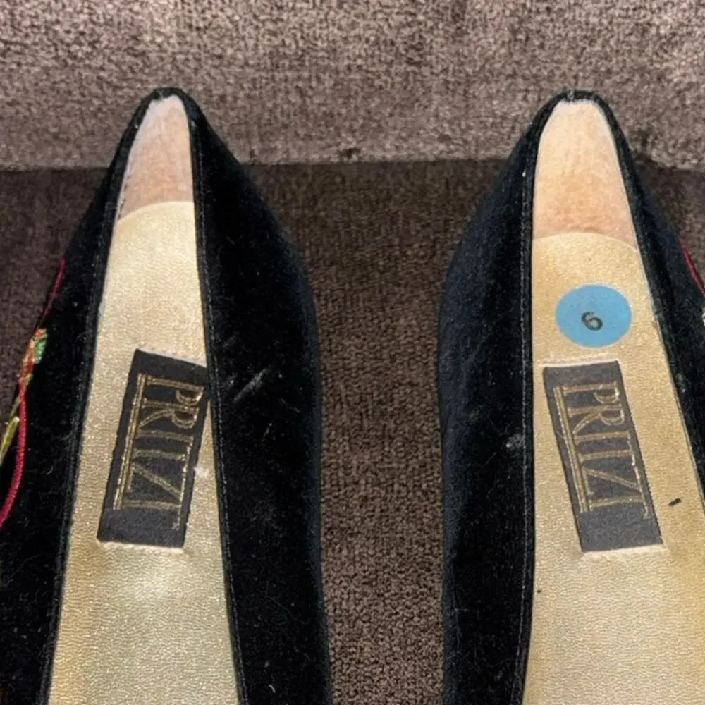 Pritzi Vintage Black Velvet Embroidered Flats 9 Holidays Timeless Elegance